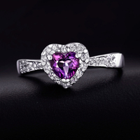 易燃火山 高端天然心形紫水晶戒指 女唯美百搭925银戒指 定情礼物