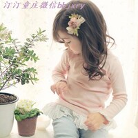 韩国童装2015春夏新品AMBER&同款 女童蕾丝勾花裙边纯色T恤