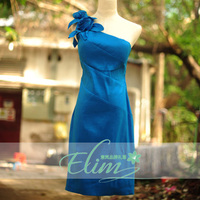 意岚品牌礼服-优雅蓝色花朵中长姐妹伴娘礼服连衣服晚礼服