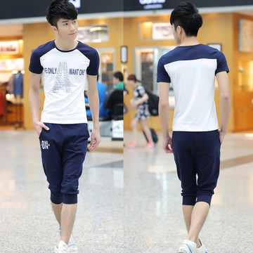 2016新款夏季男装青少年休闲运动套装纯棉T恤七分裤男士套装韩版