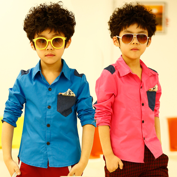断码特价韩版童装男童牛仔相拼衬衫糖果色长袖儿童衬衫40D