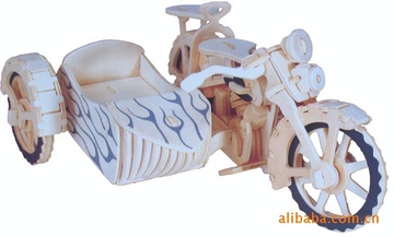 四联木制拼图立体仿真模型 立体拼图拼板 三轮摩托车 益智玩具