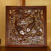 印象中国古典家具 樟木雕花双鱼戏水 中式花板 雕件 摆件古典家具