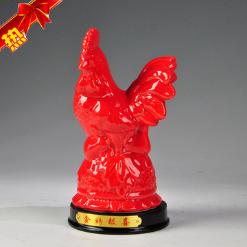大红陶瓷公鸡工艺品摆件 吉祥鸡生肖鸡礼物 家居装饰 十二招财鸡