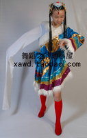 藏族演出服单水袖毛边斜下摆 蓝色玫红藏族服女 少数民族服装3-24