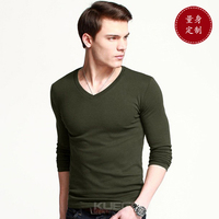 2016春装新款韩版男士修身V领军绿色长袖T恤打底衫纯棉低领大码