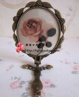 韩国进口玫瑰花手柄铜镜折叠镜化妆镜便携随身镜欧式复古小镜子