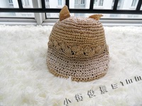 2014日本春夏新款 猫星人可爱个性猫耳草编棒球帽 可折叠鸭舌帽
