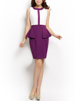 15英伦风紫罗兰紫白色拼接假两件修身包臀荷叶边短裙OL通勤连衣裙