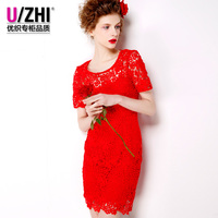 UZHI 优织2015夏欧洲站修身结婚女装镂空蕾丝连衣裙短袖红色裙子