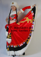 分体藏族舞蹈裙藏族唐古拉风360度裙摆红色五件套民族舞蹈服