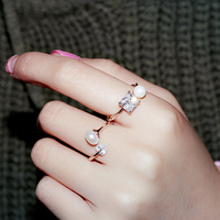 超好质量韩国高档爱心方形锆石白色珍珠开口戒指女韩版时尚指环