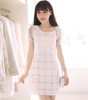 2014夏装新款韩版女装纯色蕾丝欧根纱短袖格子连衣裙子修身公主裙