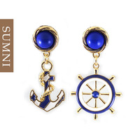 莎米尼欧美风 品牌时尚 质感蓝白海军风船锚清新个性 夸张耳饰
