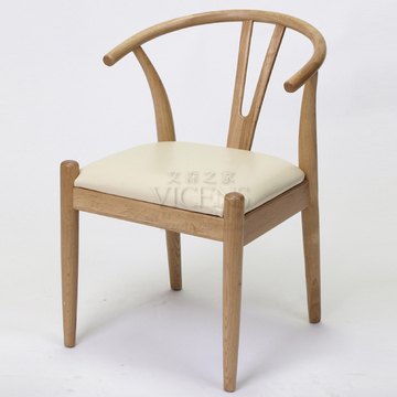 出口北欧橡木Y椅骨叉椅白色真皮木本色时尚设计师实木餐椅Y chair