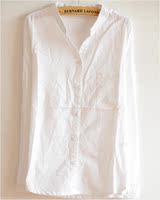 多种穿法棉亚麻长袖和尚立领大码宽松衬衫女装文艺范打底T显瘦白