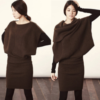 冬装新品2015韩国SZ东大门代购蝙蝠袖堆堆领包臀羊毛连衣裙三件套