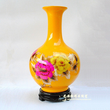 景德镇陶瓷 麦秆画黄色牡丹赏瓶花瓶 现代简约时尚花瓶居家摆设