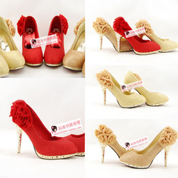 2015时尚结婚鞋子红香槟金色5朵花旗袍鞋高跟超高跟婚鞋单鞋女