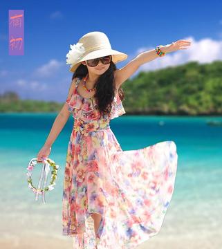 2015夏季新款连衣裙女童碎花雪纺前短后长沙滩裙波西米亚吊带长裙