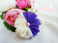 韩式婚礼手腕花新娘伴娘姐妹手花米白色&深紫色双色布艺胸花襟花