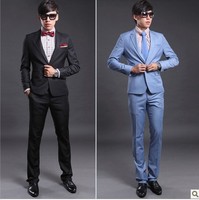 【2013韩版】修身男式西装时尚休闲套装 天蓝色。黑色套装 定做