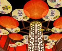 古风油纸伞桔红色与京剧脸谱组合中式风格茶楼饭店吊顶装饰灯罩伞