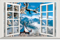 可定制假窗户装饰贴纸 大型背景墙壁画 自带胶田园贴画雪山7056