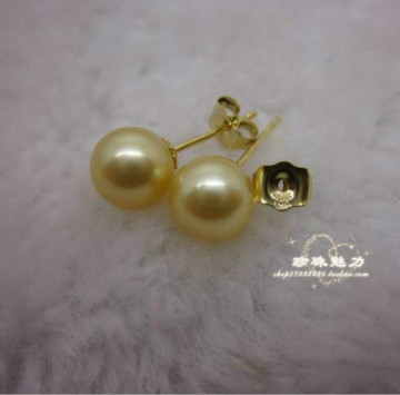 珍珠魅力 18K金出口级7-7.5MM强光金色海水珍珠耳钉  超低价
