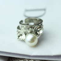 欧美时尚文艺可爱两带钻戒指原创设计珍珠戒指送女友生日礼物饰品