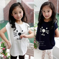 春夏新款女童装 韩版洋气猫咪 蝙蝠袖休闲宽松T恤背心4109