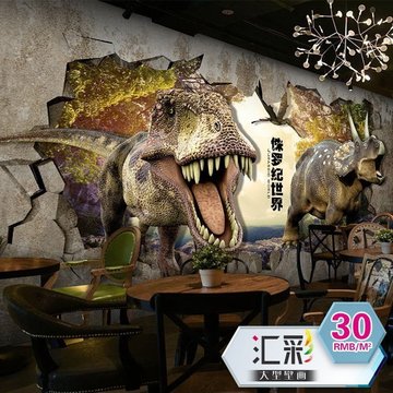 3D动物破墙壁纸儿童房客厅卧室背景壁画网吧主题餐厅狮子恐龙墙纸