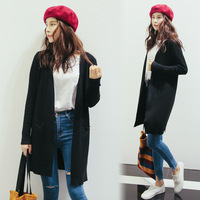韩版简约气质格纹针织开衫 外搭长袖中长款毛衣外套女 三色可选