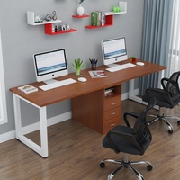 双人长电脑桌台式家用简易书桌子带书柜现代简约办公桌组合桌