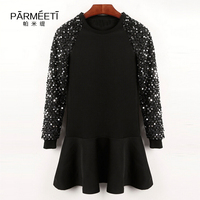 PARMEETI/帕米缇新款时尚圆领亮片长袖显瘦荷叶摆连衣裙