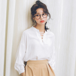 2016秋装新款韩版女式白衬衫九分袖v领绑带棉麻上衣学生