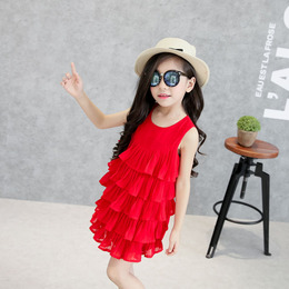 新款夏装2-3-4-5-6-7-8岁童装女童褶皱蛋糕裙大红色雪纺裙表演服