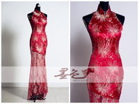 墨色礼服设计-中国风类似拼接改良旗袍礼服红色样衣特惠现货