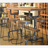 美式实木桌铁艺吧桌复古酒吧吧台吧椅桌水管咖啡餐桌椅酒吧餐桌