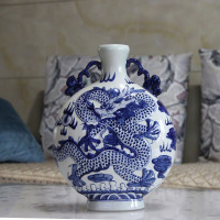 景德镇陶瓷器 高档手绘浮雕青花瓷花瓶客厅家居装饰摆件 双龙戏珠