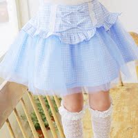 【折扣店】韩国正品童装促销 女童格子蝴蝶中腰蕾丝半身裙