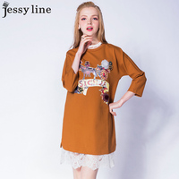 jessy line2015秋装新款 杰茜莱韩版百搭卡通潮流印花休闲连衣裙