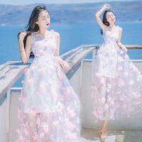 吊带长裙两件套夏新款粉色立体花朵透视欧根纱连衣裙海边沙滩裙仙