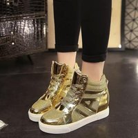 金色银色内增高高帮鞋厚底板鞋系带透气网布运动鞋 2016新款女鞋