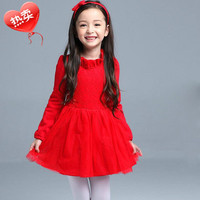 女童2015秋冬装加绒加厚红色长袖连衣裙韩版儿童合唱主持表演礼服