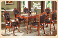 欧式餐桌 小户型 美式实木真皮餐桌别墅 餐桌椅组合6人 雕花饭桌