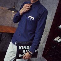 春秋季韩版男士长袖衬衫青年百搭休闲学生蓝色立领毛衣打底衬衣潮