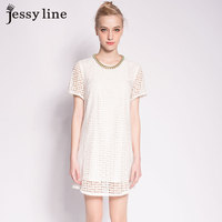 jessy line2015夏装新款 杰茜莱甜美蕾丝镂空百搭显瘦短袖连衣裙