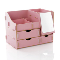 简家 化妆盒梳妆盒 大号化妆品收纳盒DIY木质3抽屉带镜子梳妆盒
