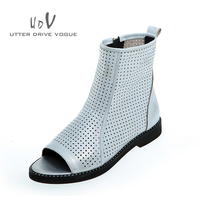 UDV2015新款镂空水钻女鞋欧美真皮鱼嘴鞋时尚平跟鞋包跟高帮凉鞋